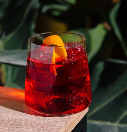 Refreshing cocktail with ice and an orange peel is standing on a table