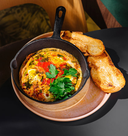 Freshly cooked eggs with vegetables and herbs served on wooden tray with toasted bread on black...