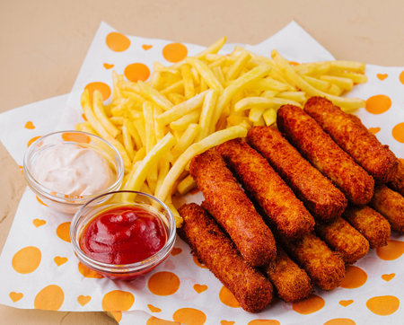 Breaded mozzarella cheese sticks and french fries served on a wooden plate with ketchup and mayonnaiseの写真素材