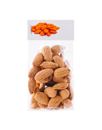 Delicious almonds in a transparent plastic pouch with an orange label, perfect for showcasing a healthy snack or ingredientの写真素材