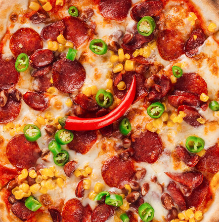 Freshly baked pizza with melted mozzarella, spicy salami, chili pepper and corn, close upの写真素材