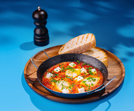 Shakshuka in a pan, served with feta cheese and parsley, accompanied by toasted slices of breadの写真素材