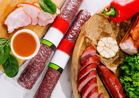 Delicious meat snacks are ready for a festive table or a picnic basketの写真素材