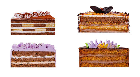 Set of four various cakes with different toppings and layers is showing its inside on a white...