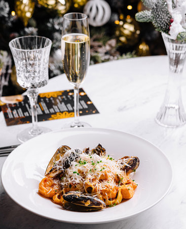 Elegant seafood pasta dish and champagne on a decorated festive tableの写真素材