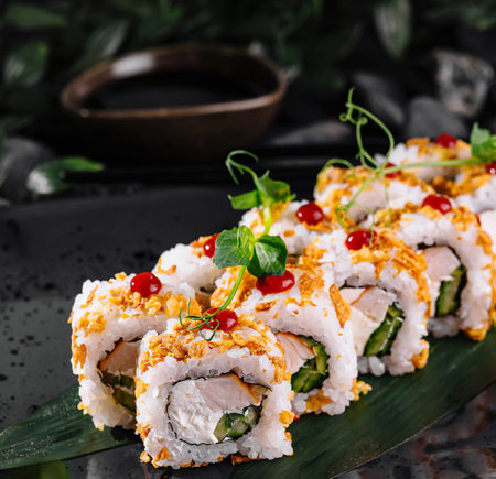 Sushi rolls with chicken, cucumber, cream cheese and crispy flakes are served on a black plate with ginger, wasabi and soy sauceの写真素材