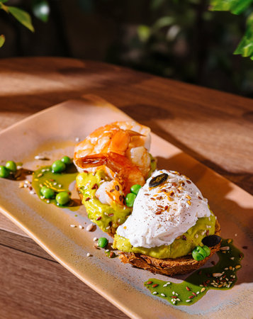 Two slices of avocado toast, one with shrimp and one with a poached egg, are sitting on a plate with a green garnishの写真素材