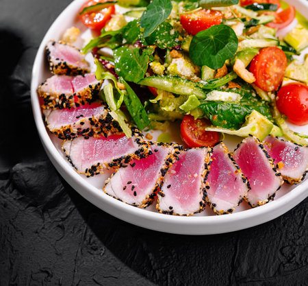 Vibrant bowl of seared tuna salad, garnished with fresh herbs, on a black backgroundの写真素材