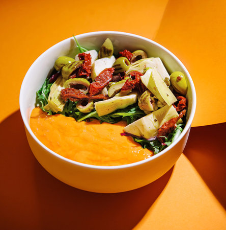 Delicious and nutritious vibrant mediterranean salad bowl with sun dried tomatoes. Olives. And artichokes on a bright and colorful background. Perfect for clean eating and healthy lunch optionsの写真素材