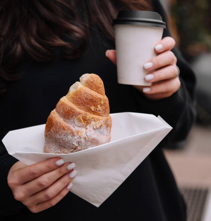 Close-up of a woman savoring a delicious pastry and warm coffee on a cozy outdoor settingの写真素材