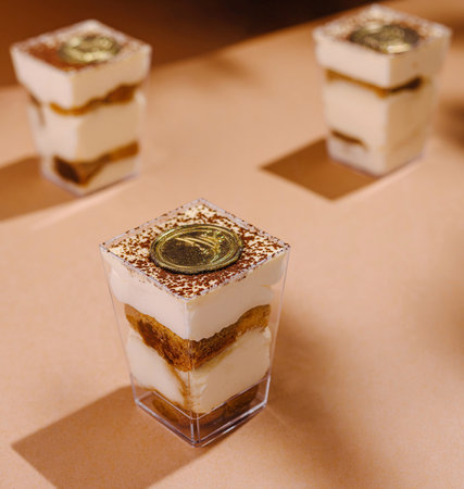 Luxurious tiramisu layers in clear glasses with golden decor, on a warm backgroundの写真素材
