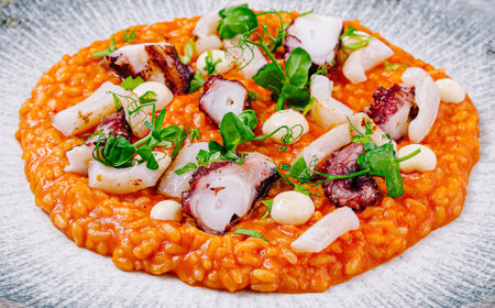 Delicious risotto with octopus tentacles and microgreens being served on plateの写真素材