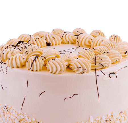 Delicious whole coconut cream cake decorated with chocolate on white backgroundの写真素材