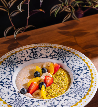 Oatmeal porridge topped with chopped fruits like strawberries, blueberries, banana slices, and a sprinkle of pistachiosの写真素材
