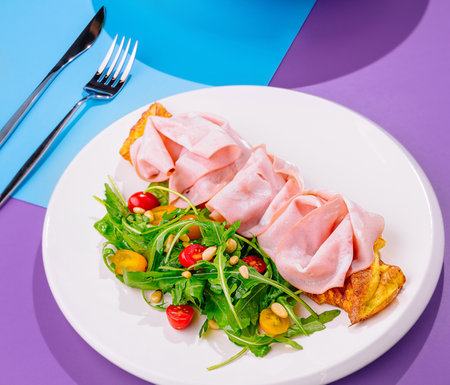 Delicious omelette with ham slices and fresh arugula, cherry tomatoes and pine nuts for breakfast or a light lunchの写真素材
