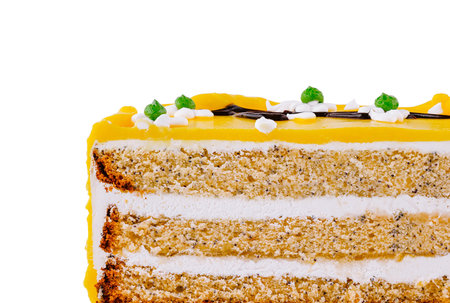 Mouthwatering lemon cake with layers of sponge cake and white chocolate decorations is tempting you...