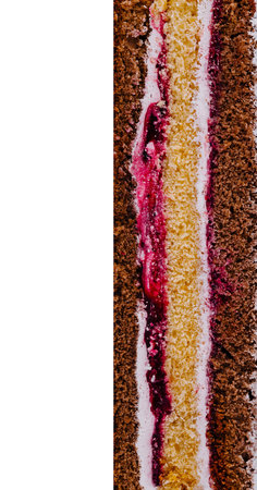 Close-up view revealing the enticing layers of a delectable cake, featuring rich chocolate and...