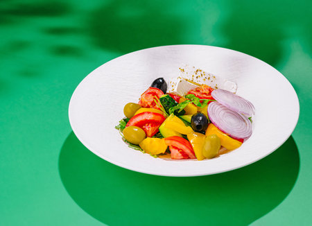 Greek salad with feta cheese, olives, cucumbers, tomatoes, onions and oregano is served on a white plateの写真素材
