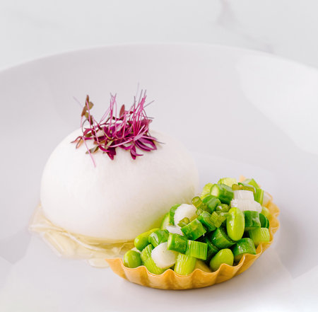 Gourmet appetizer is presented on a white plate, featuring fresh vegetables and a creamy mousseの写真素材