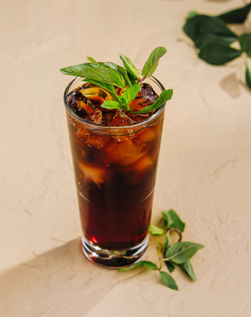 Tall glass with a refreshing dark cocktail decorated with fresh mint leaves is standing on a table