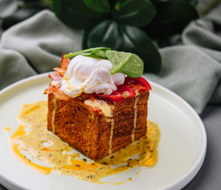 Modern twist on eggs benedict with poached egg and hollandaise sauce on a brioche cubeの写真素材