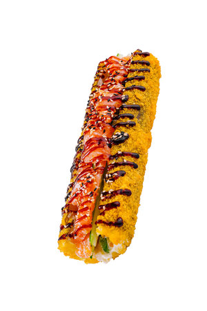 Fresh sushi roll lying on white background, with salmon and cucumber, decorated with sesame seeds...