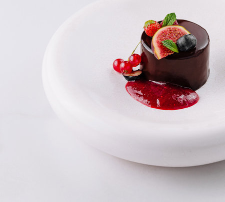 Decadent chocolate dessert garnished with fresh berries and mint on a white plateの写真素材