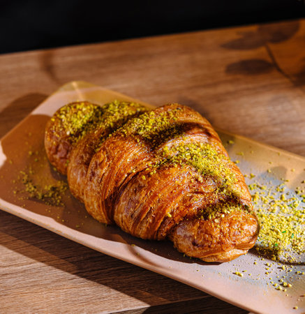 Delicious croissant with pistachios is lying on the plate on the tableの写真素材