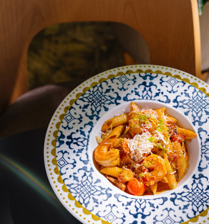 Pasta dish with shrimps, tomatoes and parmesan cheese served on a blue and white plateの写真素材