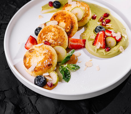 Artfully presented cheese pancakes adorned with berries and fruit sauce on a white plateの写真素材