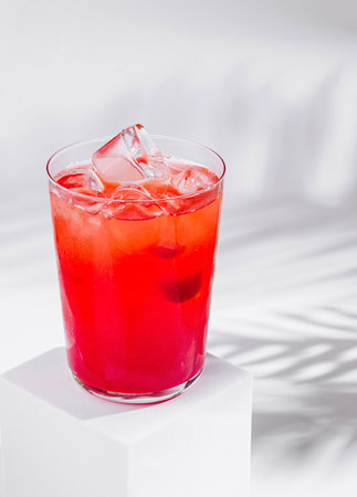 Red cocktail with ice cubes standing on white cube with palm leaf shadow on white backgroundの写真素材