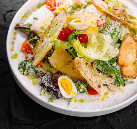 Appetizing caesar salad with croutons, parmesan, and eggs on a white plate, dark backdropの写真素材