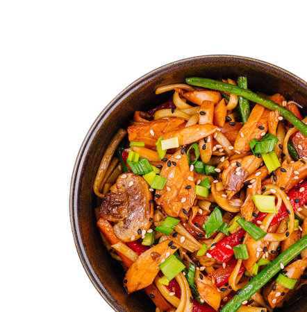 Savory stir-fry with beef, mixed vegetables, and oriental sauce in a bowl, perfect for culinary themesの写真素材