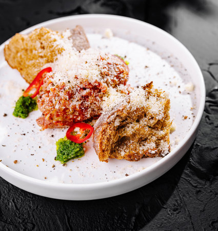 Savory meatballs with grated cheese and herbs on a white plate against a dark backgroundの写真素材