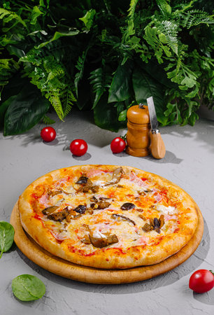 Pizza with ham, eggplant, mushrooms and cheese resting on a wooden boardの写真素材