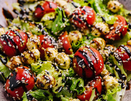 Close-up of a colorful mixed salad with tomatoes and sesame toppingの写真素材