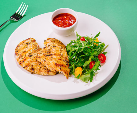 Grilled chicken breast served on a white plate with arugula, cherry tomatoes and a ramekin of tomato sauceの写真素材