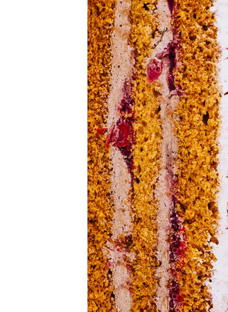 Delicious layered cake is showing its texture of chocolate and cherry filling