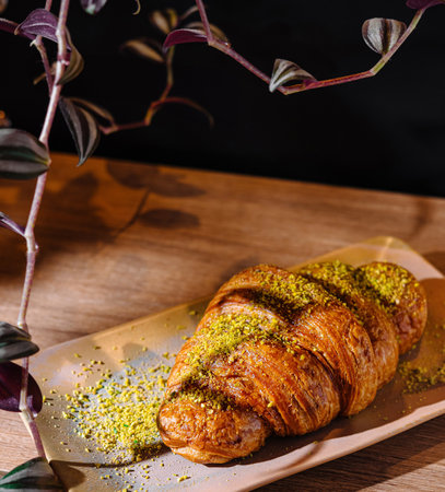 Delicious croissant covered with chopped pistachios is lying on plate on wooden table, perfect for breakfast or snackの写真素材