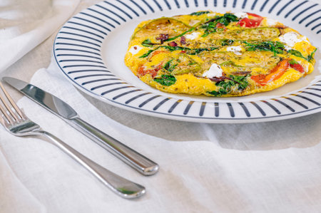 Omelette with vegetables and goat cheese served on a plate with cutlery on a table with a white tableclothの写真素材