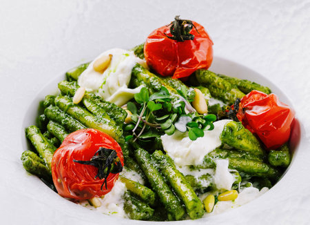 Green bean pasta with pesto sauce is topped with roasted cherry tomatoes, burrata cheese, and pine...
