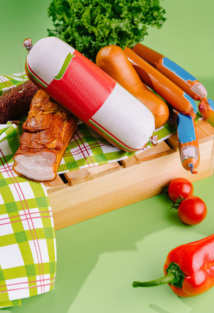 Variety of sausages and smoked meat lying on wooden crate with vegetables on green backgroundの写真素材
