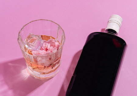 Two crystal glasses filled with rose cocktail and ice cubes standing near liquor bottle on pink backgroundの写真素材