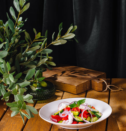 Fresh gourmet salad served on white plate, perfect for a healthy mealの写真素材