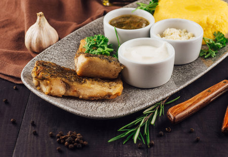 Fried fish fillet served on plate with polenta, rosemary, garlic and sauces on dark wooden tableの写真素材