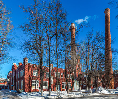 Industrial buildings of an old red brick factory in Moscow, Russiaの写真素材
