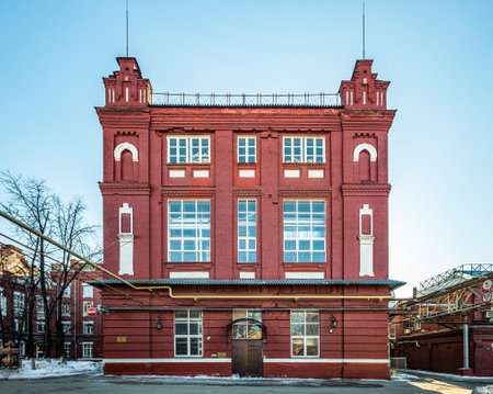 Industrial buildings of an old red brick factory in Moscow, Russiaの写真素材