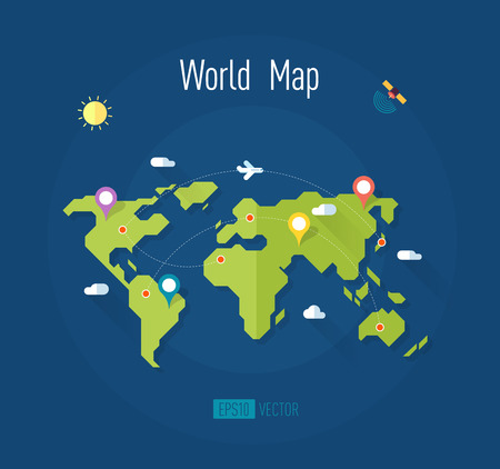 world map on blue background with marks ways pointers satellite airplane sun and clouds - vector illustrationのイラスト素材