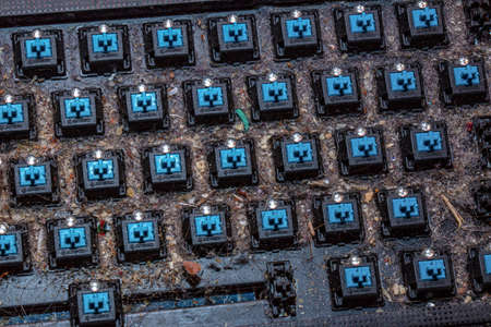 Very dirty keyboard. Dog hair, breadcrumbs and dust accumulated under the keys. Mechanical keyboard switches without buttons.の写真素材