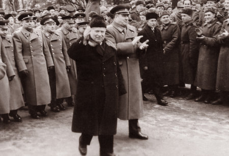 Podsdam, GDR - 01.22.1963: Khrushchev NS at a meeting of soldiers of the GSVG garrison. Soldiers and military commanders meet the General Secretary of the CPSU Central Committee.のeditorial素材